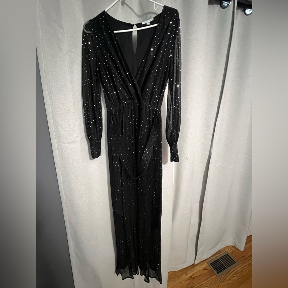 Black Plunge Neck Bishop Sleeve Gown